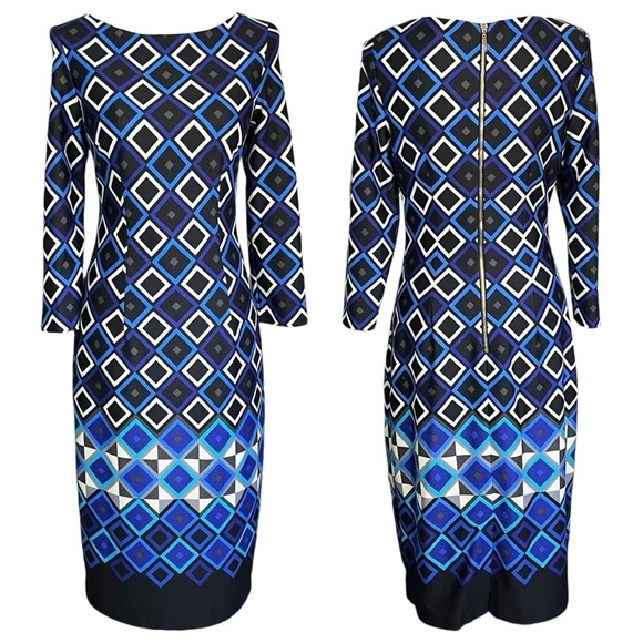 Eliza J Geometric Pattern Fitted Long Sleeve Midi Dress sz 8 - Picture 12 of 13